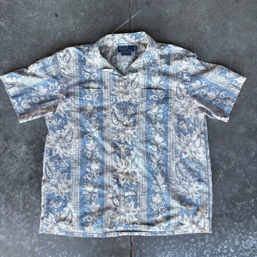 Vintage Polo Ralph Lauren Andy Camp Shirt Mens Large Blue Cream Paisley Vacation